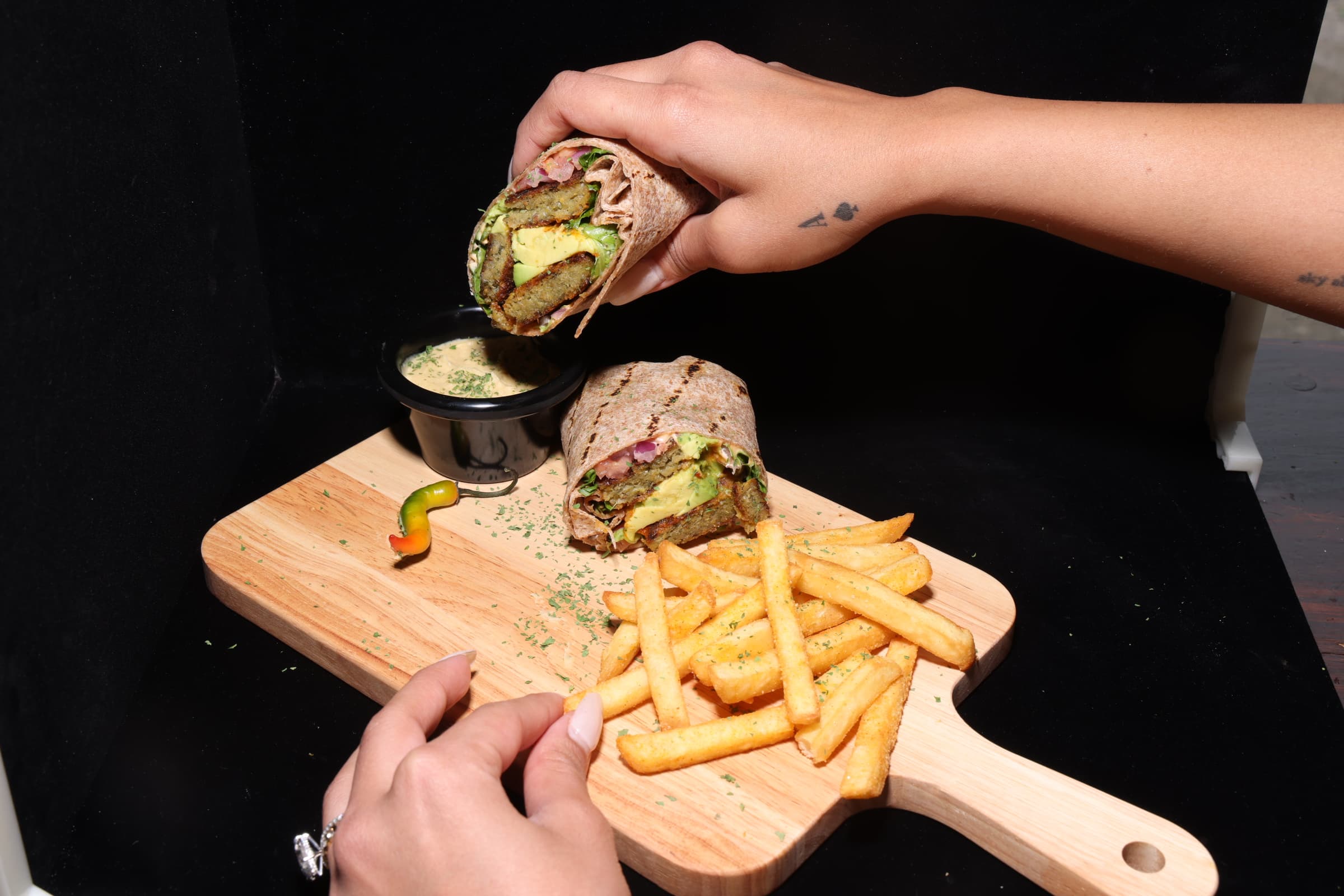 Falafel wrap with peri peri fries
